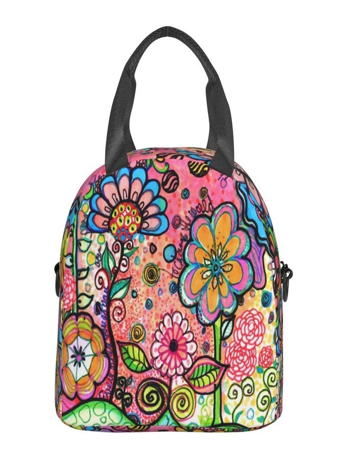 Perinsto Hippie Art Flower Lunch Bag Reusable Insulated Lunch Tote Bag Lunchbox Container With Adjustable Shoulder Strap For Office Work School Picnic Travel - Image 2